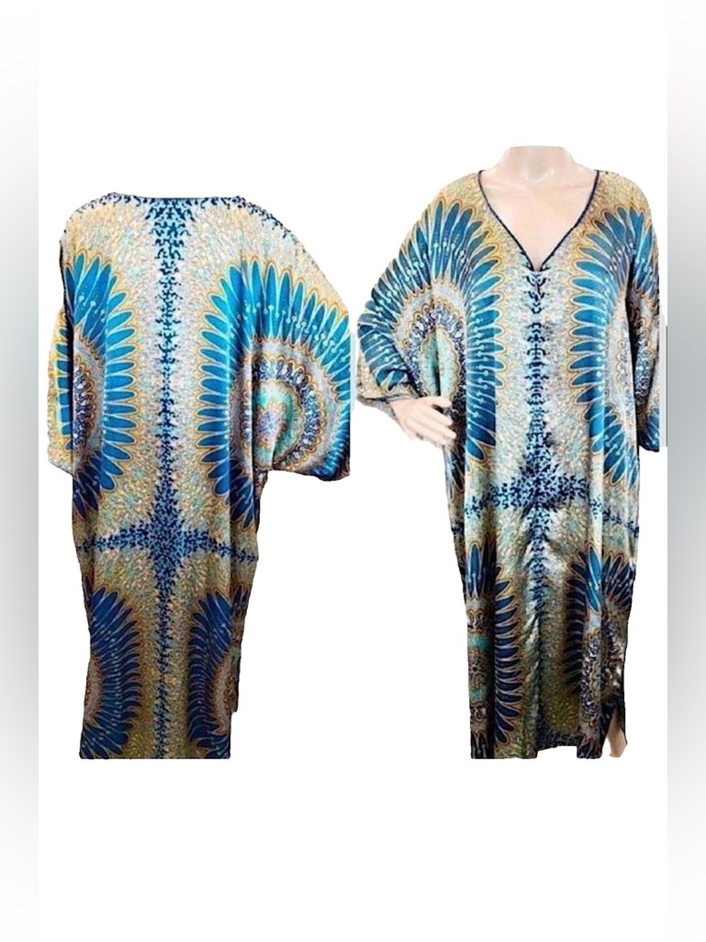 Oscar de la Renta Blue Gold Mandala Zip Front‎ V-Neck 2 Pocket Caftan  SZ 2X NEW - Picture 15 of 15